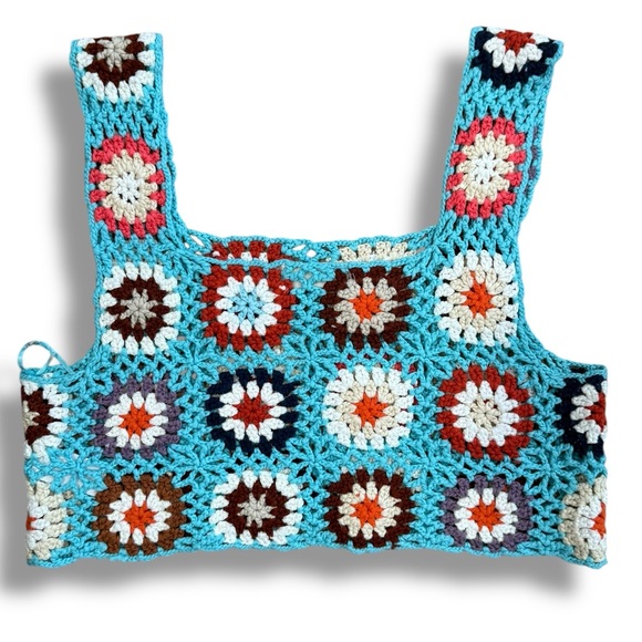 Altar'd State Granny Square Crochet Turquoise Multi Crop Tank Top One Size - Picture 4 of 9